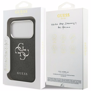 GUESS viedtālruņa apvalks IPHONE 17 Pro GUHCP17LP4G4SMCK (4G PU ādas apvalks ar lielu 4G un klasisko logotipu un sudraba metāla kameras rāmi) melns