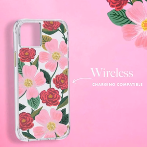 Rifle Paper Clear vāciņš ierīcei iPhone 14 Plus, ar zelta krāsas rotājumu, ar “Rose Garden” rakstu