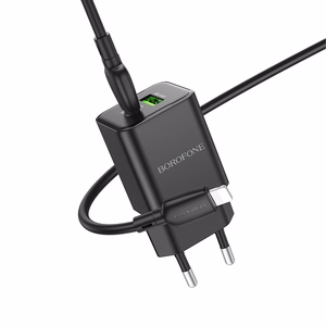 Borofone Sienas lādētājs BN14 Royal GaN - USB + Type C - QC 3.0 PD 30W ar Type C uz Lightning kabeli melns
