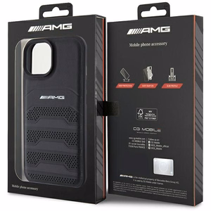 AMG ādas apvalks ar iespiestām līnijām iPhone 15 Plus - melns