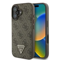 Guess Ādas 4G Trīsstūra Strass Magnētiskais iPhone 16 viedtālruņa apvalks - brūna