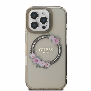 Guess IML Ziedu vainaga Magnētiskais viedtālruņa apvalks iPhone 16 Pro - melns