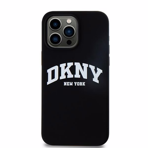 DKNY apvalks no šķidrā silikona MagSafe viedtālrunim iPhone 15 Pro Max ar balto logotipu - melns (m)