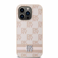 DKNY ādas rūtainais mono raksts un drukātas svītras viedtālruņa apvalks iPhone 14 Pro - rozā