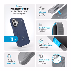 Speck Presidio2 Grip vāciņš ar MagSafe un ClickLock iPhone 16 tālrunim, Coastal Blue/Dust Grey