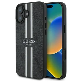 Guess 4G Printed Stripes Magnētiskais viedtālruņa apvalks iPhone 16 - melns