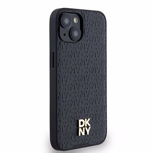 DKNY Ādas monogrammas raksta ar metāla logotipu magnētiskais viedtālruņa apvalks iPhone 15/14/13 - melns