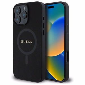 Guess Saffiano klasiskā logotipa magnētiskais viedtālruņa apvalks iPhone 16 Pro Max - melns