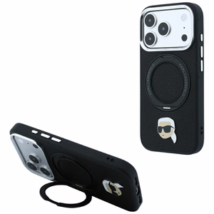 Melns MagSafe vāciņš Karl Lagerfeld ar 360° gredzena statīvu un Karla galvas emblēmu iPhone 18 Pro Max / 17 Pro Max