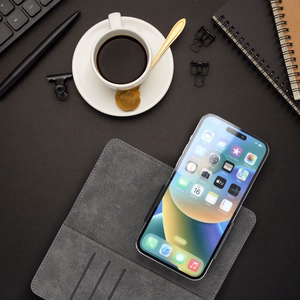 Universāls grāmatas tipa viedtālruņa apvalks COMMON izmērs L, paredzēts IPHONE 6 PLUS / 7 PLUS / 8 PLUS / XS MAX / 11 PRO MAX / SAMSUNG S20 FE / S21 FE / S10 PLUS / A10 / A32 / A54 / XIAOMI 12 LITE / HUAWEI P30 PRO, melns