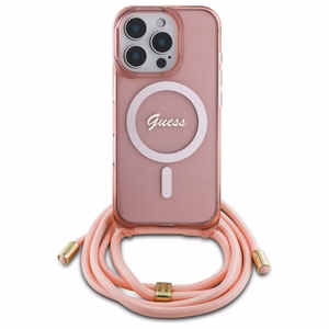 Guess Crossbody Cord Script Magnētiskais viedtālruņa apvalks iPhone 16 Pro - rozā