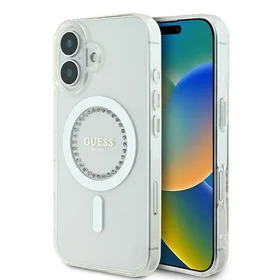 Guess IML Rhinestones magnētiskais viedtālruņa apvalks iPhone 16 Plus - balts