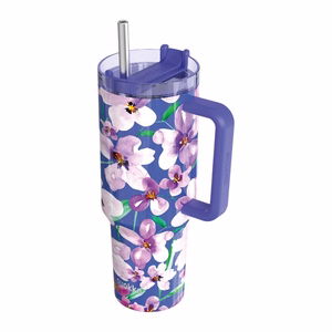 Quokka Stream nerūsējošā tērauda termokrūze ar salmiņu, 1200 ml, Krēslas ziedi