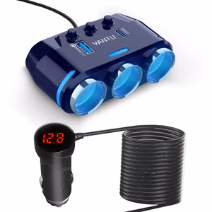 Auto cigarešu aizdedzinātāja ligzdas sadalītājs B39-C - 3 ligzdas + USB + Type C - QC 3.0 PD 3A 120W ar displeju un kabeli