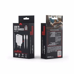 Maxlife MXTC-06-30AC PD QC lādētājs 1x USB-C 1x USB 30W balts + USB-C - USB-C kabelis 60W