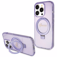 Guess Magnētiskā viedtālruņa apvalks ar gredzena statīvu Script Glitter MagSafe iPhone 14 Pro Max - violeta