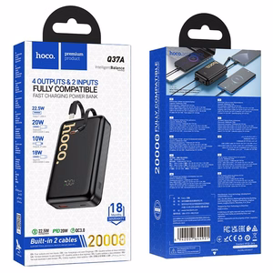 Portatīvais lādētājs Hoco 20000 mAh QC PD 22,5W ar iebūvētiem kabeļiem USB C + Lightning Q37A melns