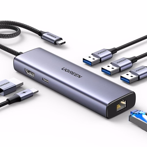 Ugreen CM512 15598 6in1 sadalītājs USB-C - 3x USB-A 3.0 / HDMI / RJ45 / USB-C PD - pelēks