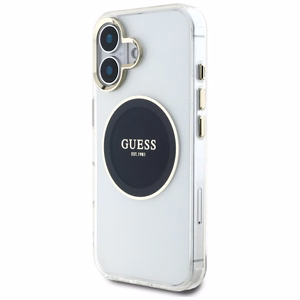 Guess IML Metal Colored Circle Classic Logo Magnētiskais viedtālruņa apvalks iPhone 16 - melns