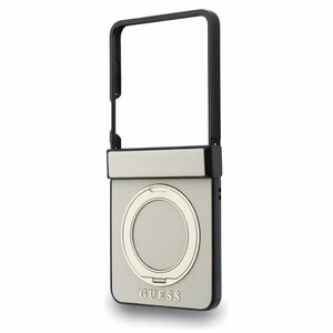 Bēšs Guess Magnetic Ring Stand Grained Classic Logo MagSafe vāciņš Samsung Galaxy Z Flip8