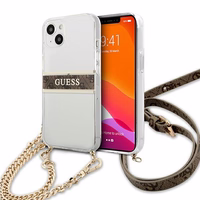 Guess GUHCP13SKC4GBGO iPhone 13 mini 5.4" caurspīdīgs cietais apvalks ar 4G brūnu siksniņu un zelta ķēdīti