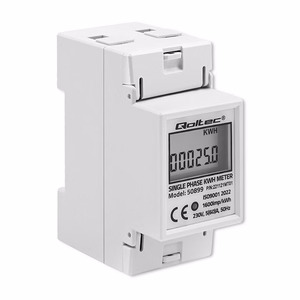 Qoltec 50899 – vienfāzes elektroniskais elektroenerģijas skaitītājs, 230 V, LCD, 2P, DIN sliede