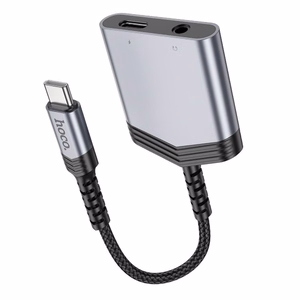 Adapteris AUX 2in1 USB C uz USB C / Jack 3,5 mm Hoco 27W LS39 pelēks