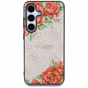 Guess ādas 4G ziedu raksta metāla klasiskais logotips magnētiskais viedtālruņa apvalks Samsung Galaxy S25 - rozā
