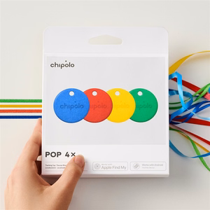 Chipolo POP Bluetooth priekšmetu meklētāju komplekts ar nomaināmām baterijām iOS un Android ierīcēm, 4 gab. (sarkans, zils, dzeltens un zaļš)