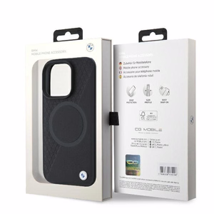 BMW Signature Ādas Pus Teksturēts & Apļa MagSafe Apvalks iPhone 16 Pro - Melns