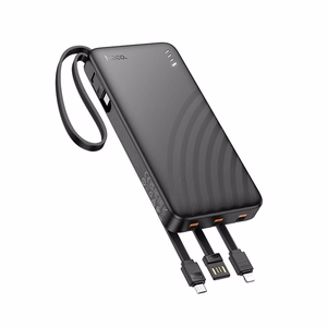 Portatīvais lādētājs Hoco 10000 mAh 2A ar četriem iebūvētiem kabeļiem USB A + USB C + Lightning + Micro USB J146 melns