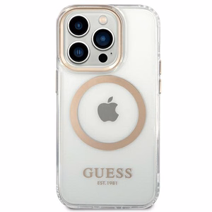 Guess GUHMP14XHTRMD iPhone 14 Pro Max 6.7 "zeltains / zeltains cietais apvalks Metāla kontūra Magnētiskais