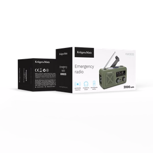 Kruger&Matz pārnēsājamais saules enerģijas avārijas radio ar SOS, 2000 mAh ārējo akumulatoru, lukturīti un dinamo