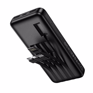 Portatīvais lādētājs Hoco 10000 mAh 2A ar četriem iebūvētiem kabeļiem USB A + USB C + Lightning + Micro USB J163 melns