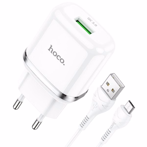 Tālruņa lādētājs Hoco USB A QC3.0 3A 18W + kabelis USB A uz Micro USB N3 balts