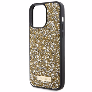 Guess Rhinestone Metāla Logotips viedtālruņa apvalks iPhone 15 Pro - dzeltens