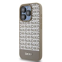 DKNY Ādas drukāts raksts metāla logotips Magnētiskais viedtālruņa apvalks iPhone 15 Pro - brūna