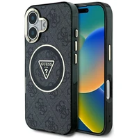 Guess IML Metal Glitter 4G Circle Triangle magnētiskais viedtālruņa apvalks iPhone 16 - melns