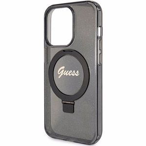Guess viedtālruņa apvalks ar statīvu Ring Stand Script Glitter magnētiskais iPhone 15 Pro Max - melns