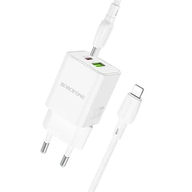 Borofone Sienas lādētājs BN14 Royal GaN - USB + Type C - QC 3.0 PD 30W ar Type C uz Lightning kabeli balts