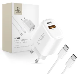 Tech-Protect NCA20 PD 20W QC3.0 USB-A / USB-C sienas lādētājs + USB-C / USB-C kabelis 100cm - balts