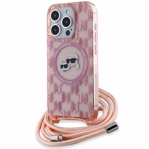 Karl Lagerfeld IML Crossbody Monogram Karl & Choupette Head MagSafe apvalks viedtālrunim iPhone 15 Pro Max - rozā