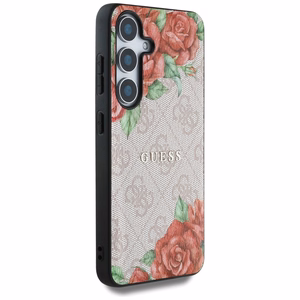 Guess ādas 4G ziedu raksta metāla klasiskais logotips magnētiskais viedtālruņa apvalks Samsung Galaxy S25 - rozā