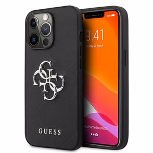 Guess Saffiano 4G Metal Logo viedtālruņa apvalks iPhone 13 Pro / 13 6.1 - melns