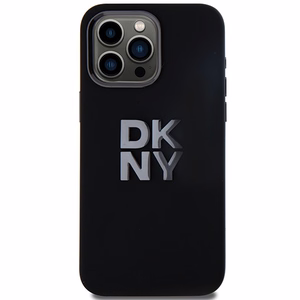 DKNY šķidrā silikona metāla logotipa viedtālruņa apvalks iPhone 15 Pro - melns