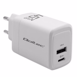 Qoltec 51825 GaN 45W lādētājs, 5-20V, 1.5-3A, 1 x USB-C PD, 1x USB QC 3.0, balts