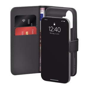 Puro Wallet Stand case for iPhone 17 made of eco-leather, with a flap, wallet and stand function - black