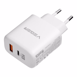 Tālruņa lādētājs VEGER USB A + C tips PD QC3.0 3,25 A 65 W + kabelis USB C uz USB C TR67, balts