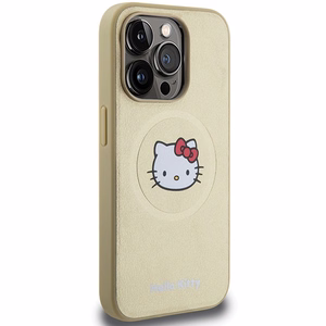 Hello Kitty ādas Kitty Head magnētiskais viedtālruņa apvalks iPhone 15 Pro - zelta