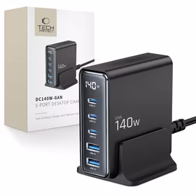 Tech-Protect DC140W-GAN 5-PORT PD140W/QC3.0 uzlādes stacija - melnā krāsā